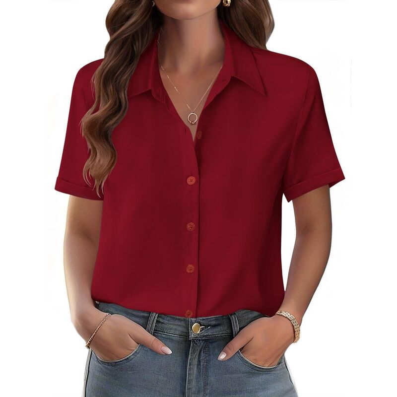ジーグー レディース トップス プルオーバー トップ Zeagoo Shirts for Women Trendy Rolled Cuffed Short Sleeve Button Up Blouse Business Casual Tops Red 赤いこと