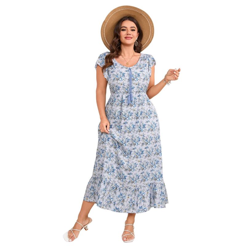 コジョイン レディース トップス ワンピース プラスサイズ プリント Kojooin Plusize Women's Casual Vacation Printedresshort Sleeve Tie Neck Sundress Blue ブルー｜ReVida 店