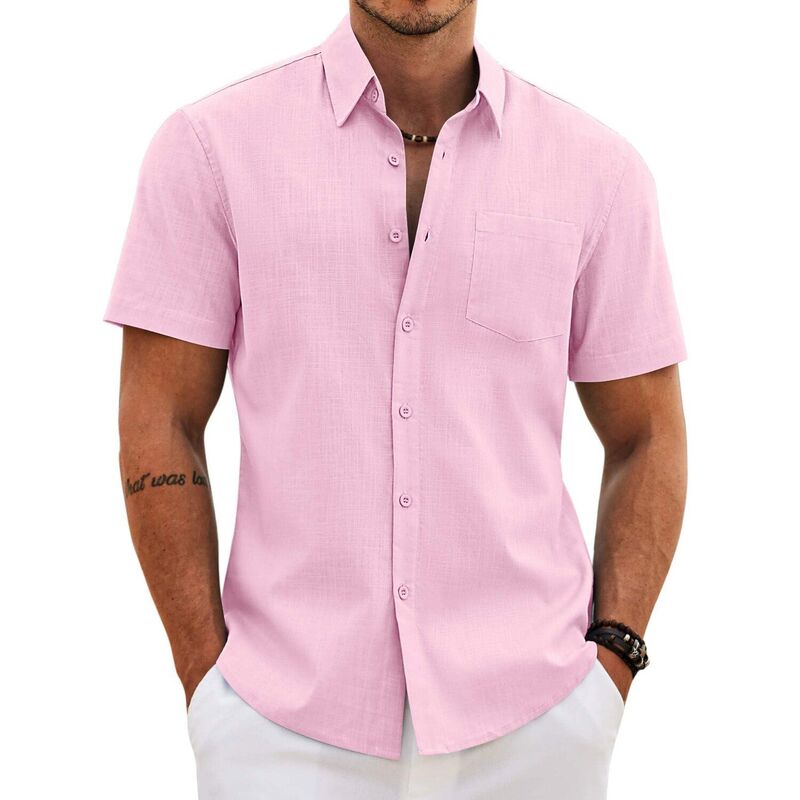 クーファンディ レディース トップス Tシャツ コットン COOFANDY Mens Button up Shirts Casual Short Sleeve Cotton Untucked Shirts with Pocket Light Pink ピンク｜ReVida 店
