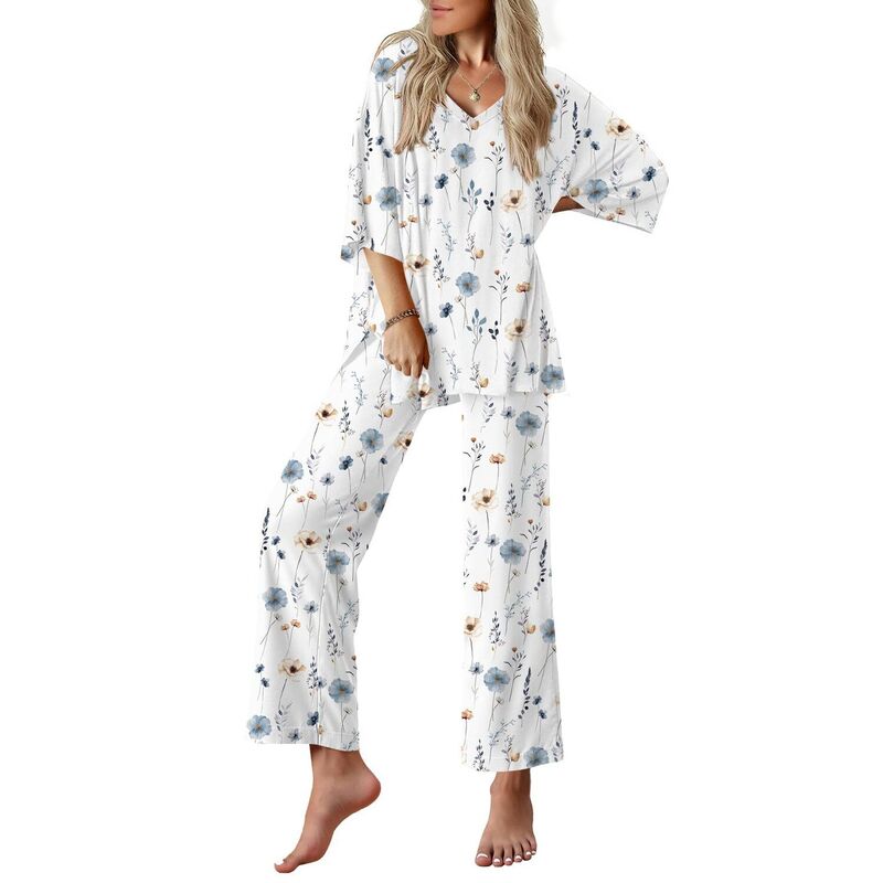 エコアー レディース アンダー御召しもの ナイト爵御召しもの ズボン下 Ekouaer Lounge Sets for Women Pajamaset Short Sleeve Tops and Long Pantsoft 2 Piece Outfits White Flower 白いこと