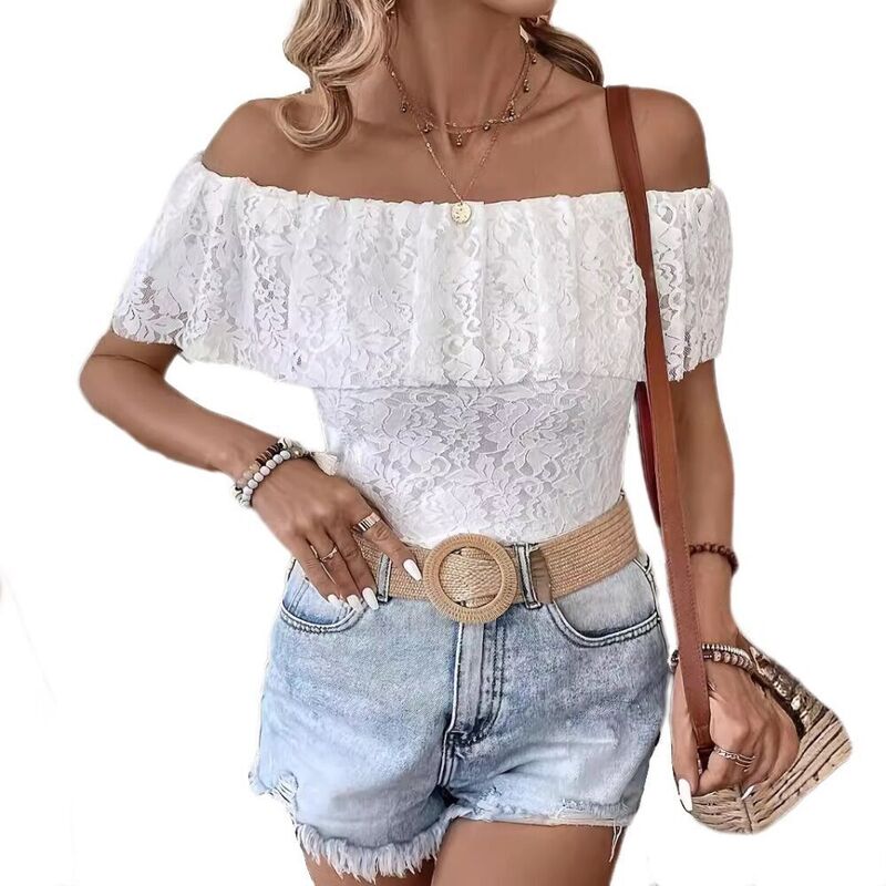 上半身大きさ レディース トップス プルオーバー か細い填まる フラウンス トップ スピード競技 BODDYSIZE Womenslim Fit Off Shoulder Lace Ruffle Casual Blouse Top for Vacation Date Daily Wear White 白いこと