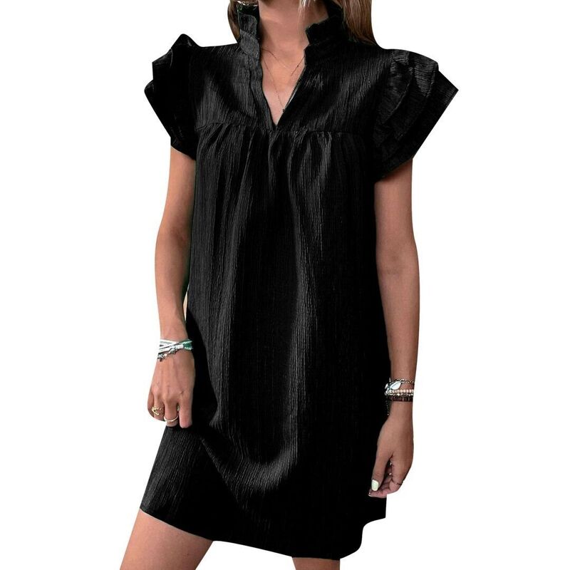 上半身大きさ レディース トップス 衣装 Vのど首 フラウンス ミニ 旗がしら BODDYSIZE Womens Casualoose Solid Flowy Sundressummer Dresses Ruffle Cap Short Sleeve V Neck Mini Dress Black 黒いこと