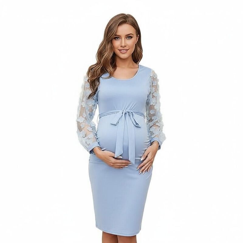クリアラブ レディース トップス ワンピースリムフィット 御花柄 メッシュ MIDI マタニティ 御花 Clearlove Women\u0027s Long Sleeve Maternity Dress Round Neck Floral Mesh Splicing Slim Fit Midi Dresses Blue 青色
