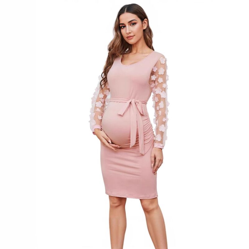 クリアラブ レディース トップス ワンピースリムフィット 御花柄 メッシュ MIDI マタニティ 御花 Clearlove Women\u0027s Long Sleeve Maternity Dress Round Neck Floral Mesh Splicing Slim Fit Midi Dresses Pink サクラ色