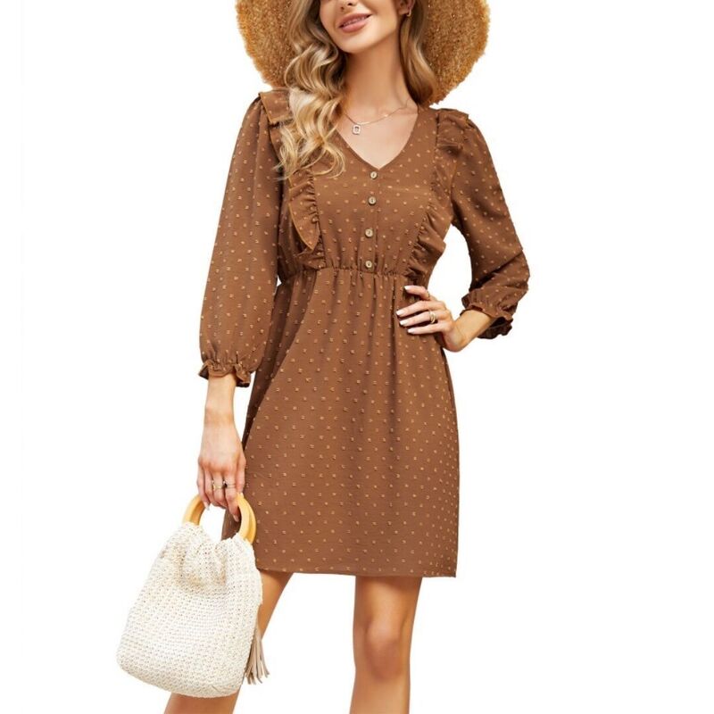 上半身大きさ レディース トップス 衣装 Vのど首 フラウンス BODDYSIZE Women\u0027s Elegant Button Clothes V Neck Long Sleeve Short Dresswiss Dot Boho Shoulderuffle Dress Brown 赤銅色
