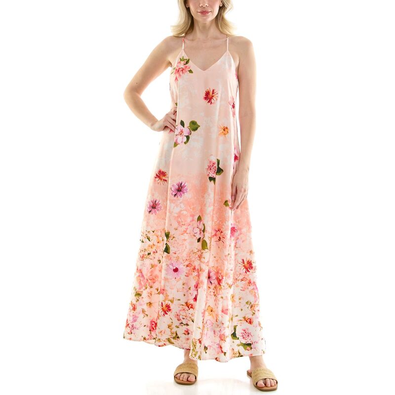 ニコル鏡鑑 レディース トップス 衣装 刷り上げる 繻子 マキシ Women\u0027s Nicole Miller Printed Satin Maxi Slip Dress Floral Peach 桃