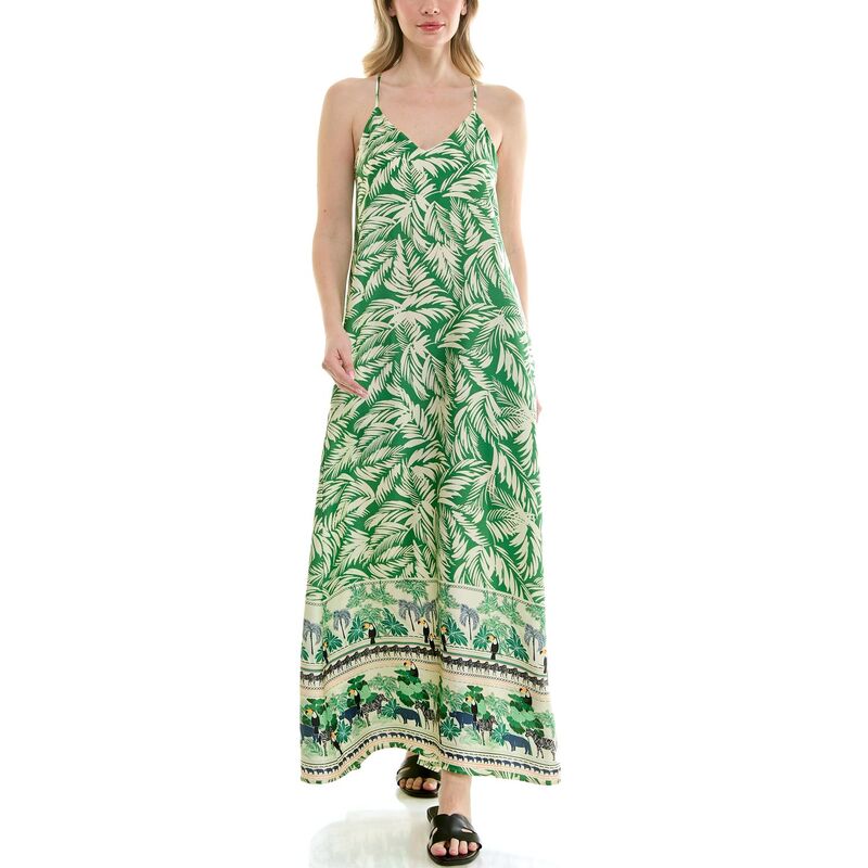 ニコル鏡鑑 レディース トップス 衣装 刷り上げる 繻子 マキシ Women\u0027s Nicole Miller Printed Satin Maxi Slip Dress Tropic Border Emerald エメラルド