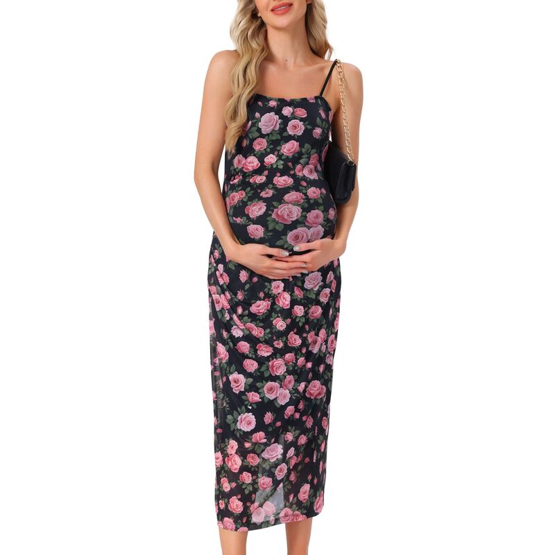 インスパイア シック レディース トップス ワンピース メッシュオーバーレイ ギャザー メッシュ オーバーレイ マタニティ INSPIRE CHIC Women's Maternity Mesh Overlay Ruched Side Spaghetti Strap Long Bodycon Pregnancy Dress Black Rose ブラック|ReVida 店