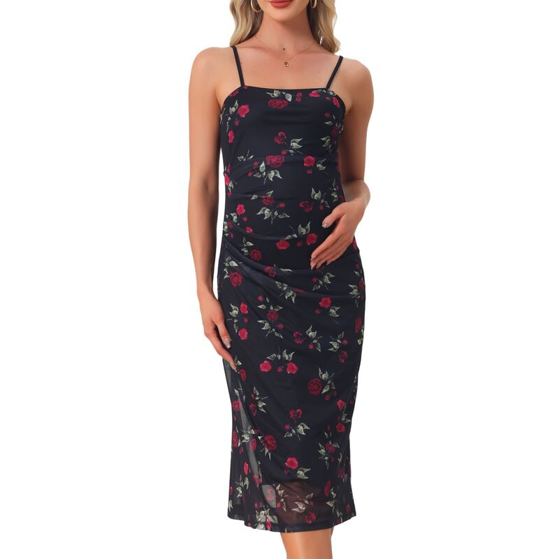 インスパイア シック レディース トップス ワンピース メッシュオーバーレイ ギャザー メッシュ オーバーレイ マタニティ INSPIRE CHIC Women's Maternity Mesh Overlay Ruched Side Spaghetti Strap Long Bodycon Pregnancy Dress Blacks|ReVida 店