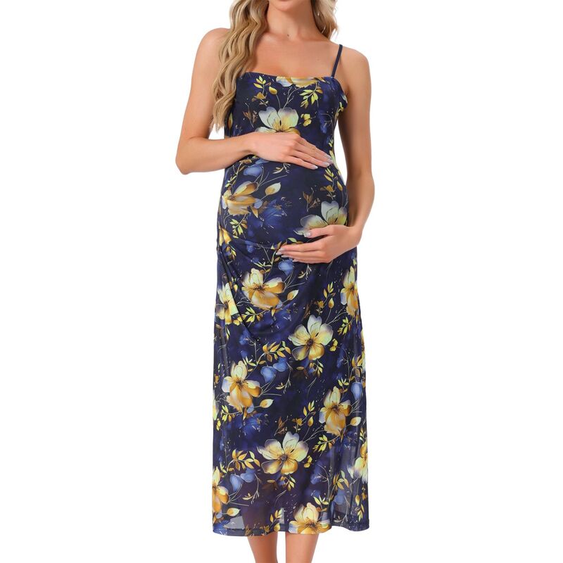 インスパイア シック レディース トップス ワンピース メッシュオーバーレイ ギャザー メッシュ オーバーレイ マタニティ INSPIRE CHIC Women\'s Maternity Mesh Overlay Ruched Side Spaghetti Strap Long Bodycon Pregnancy Dress Deep Blue ブルー|ReVida 店