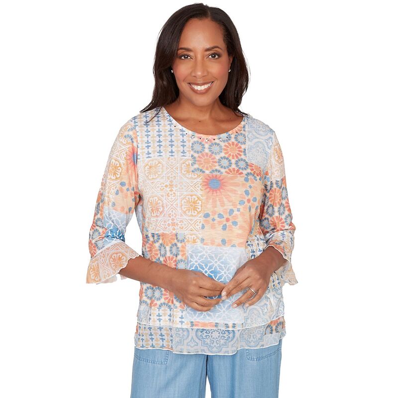 アルフレッド ダナー レディース トップス シャツ プチ フリル パッチワーク Petite Alfredunner Patchwork Medallion Ruffle Sleeve Top Blue Multi ブルー|ReVida 店