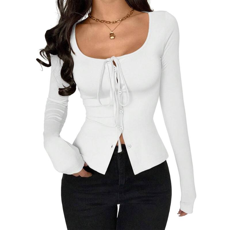 せつ然たる御花 レディース トップス プルオーバー か細い填まる ClearFlower Womens Long Sleeve Square Neck Tie Front Casual Slim Fit-Shirt White 白いこと