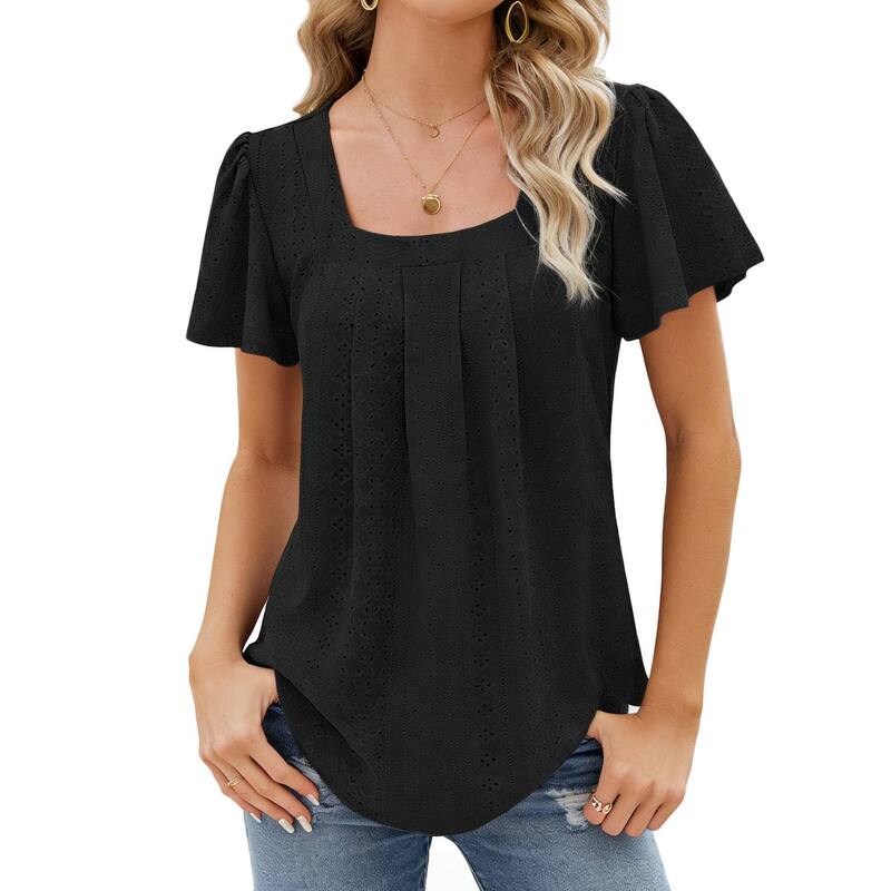 クリアフラワー レディース トップス Tシャツ ブラウス ClearFlower Women'square Neck Eyelet Blouse Short Puff Sleeve Loose-Fit Casual Summer Top Black ブラック|ReVida 店