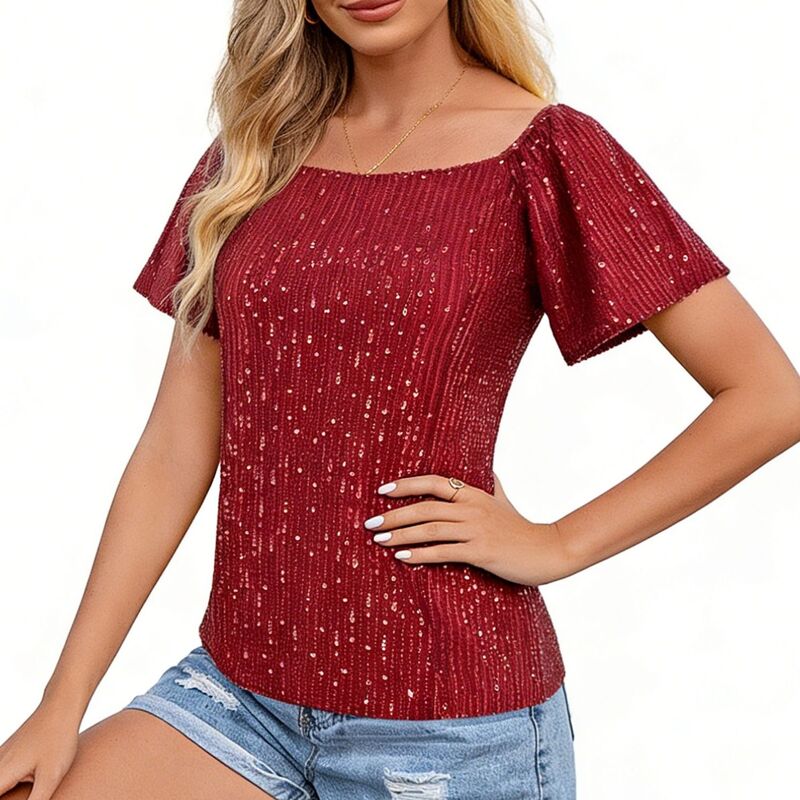 せつ然たる御花 レディース トップス プルオーバー スパンコール トップ ClearFlower Women\u0027sequin Square Neck Blouse - Puff Sleeve Party Top for Evening Events Red 赤いこと