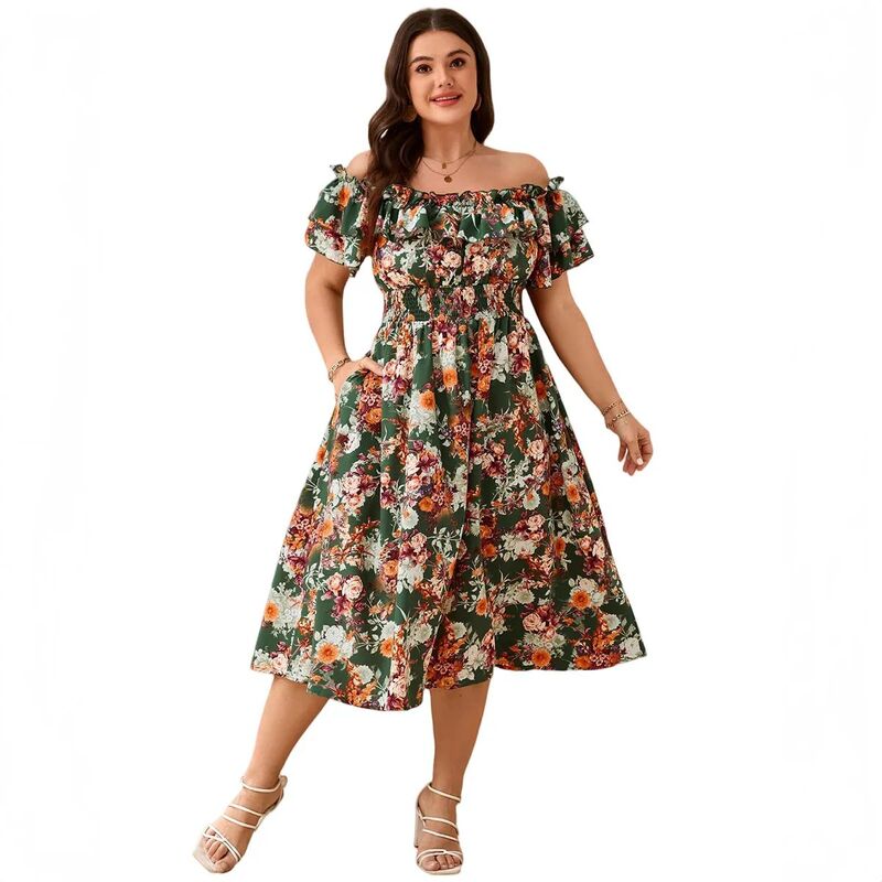 クリアフラワー レディース トップス ワンピース フラワー柄 プラスサイズ プリント ClearFlower Plusize Dress for Women Off Shoulder Floral Print Shirred Square Neck Puff Sleeve Dresses Dark Green グリーン｜ReVida 店