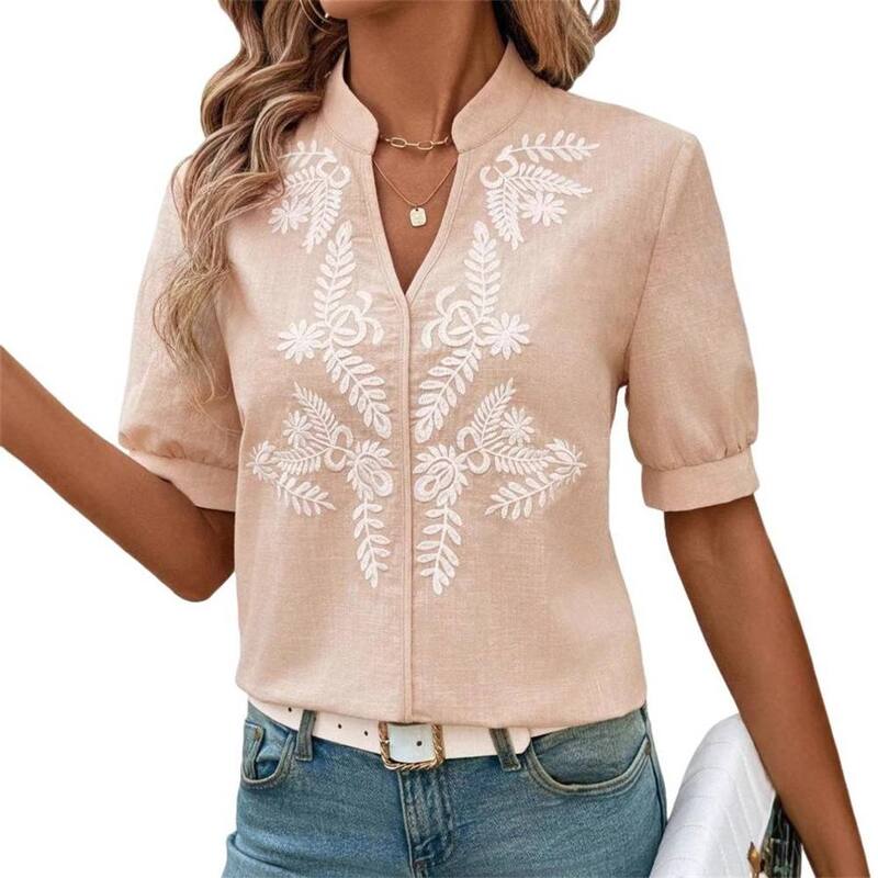 エリートチョイス レディース トップス プルオーバー Vのど首 綿織物 刺しゅう トップ Elitechoice Women\u0027s Cotton V-Neck Embroidered Blouse Stand Collar Puff Sleeve Casual Shirt Apricot 杏
