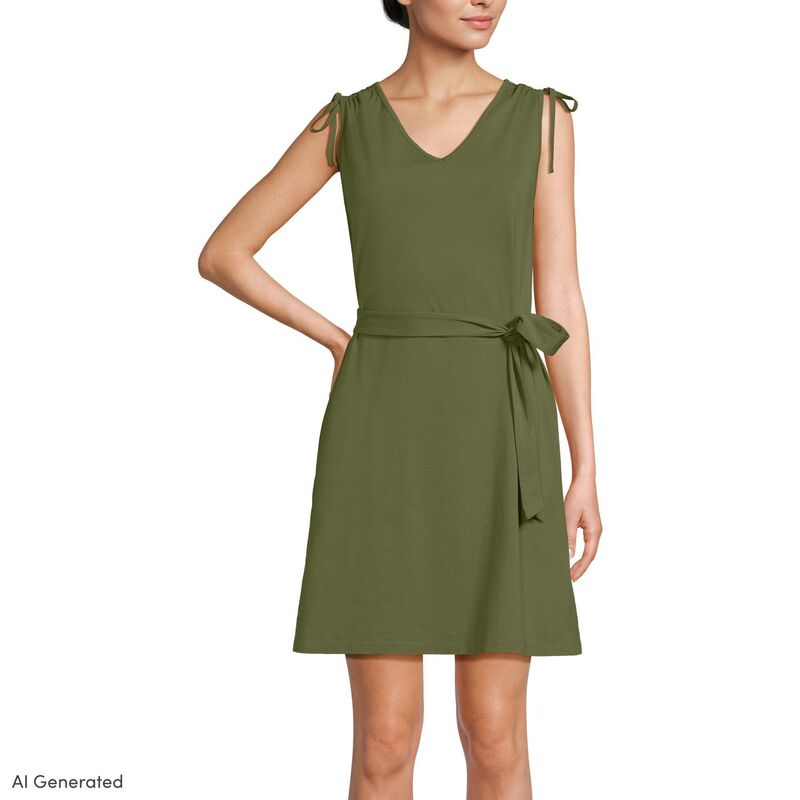 ランズエンド レディース トップス ワンピース ミニ コットン ジャージー Women's Lands' End Cotton Jersey Shoulder Tie Belted Mini Dress Artichoke|ReVida 店