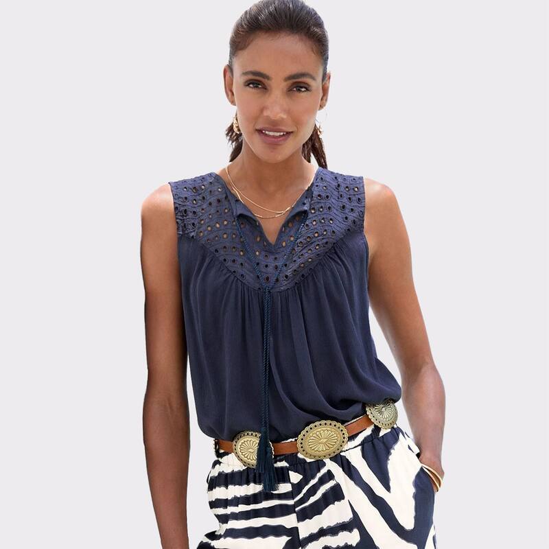 ラスカーナ レディース トップス プルオーバー ノースリーブ Lascana Women\u0027sleeveless Eyeletop Navy 米国海軍