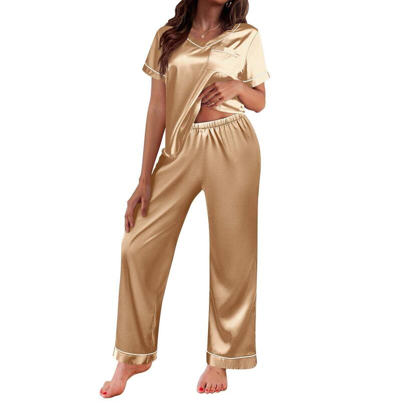 エコアー レディース アンダー御召しもの ナイト爵御召しもの 地絹 Ekouaer Pajamas for Women Short Sleeve Silk Pajama Setsoft Sleepwear Top with Causalong Beige ベージュ