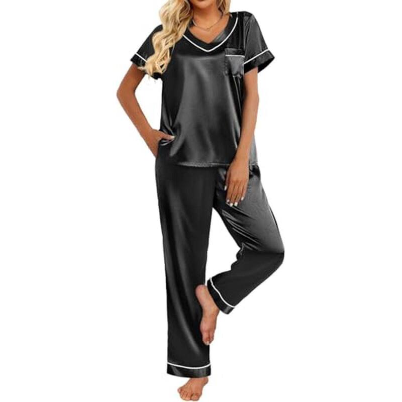 エコアー レディース アンダー御召しもの ナイト爵御召しもの 地絹 Ekouaer Pajamas for Women Short Sleeve Silk Pajama Setsoft Sleepwear Top with Causalong Black 黒いこと