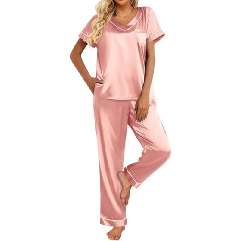 エコアー レディース アンダー御召しもの ナイト爵御召しもの 地絹 Ekouaer Pajamas for Women Short Sleeve Silk Pajama Setsoft Sleepwear Top with Causalong Dark Pink サクラ色