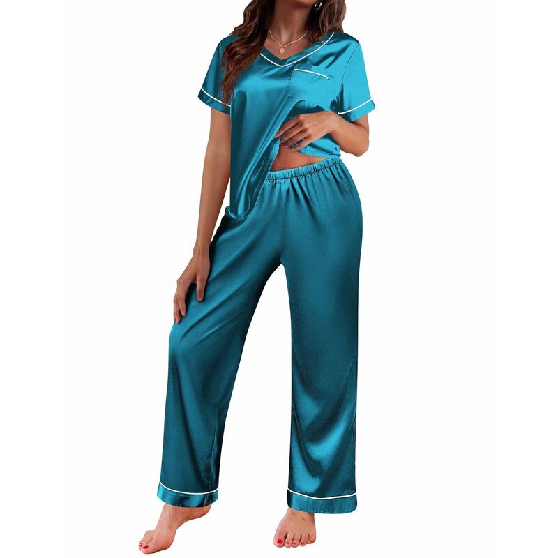 エコアー レディース アンダー御召しもの ナイト爵御召しもの 地絹 Ekouaer Pajamas for Women Short Sleeve Silk Pajama Setsoft Sleepwear Top with Causalongreen 緑であること