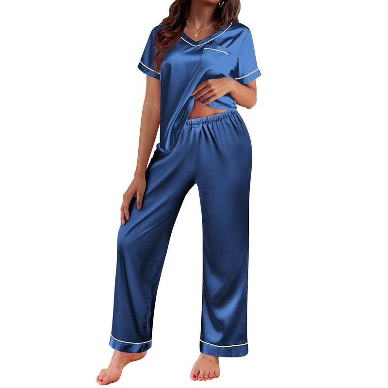 エコアー レディース アンダー御召しもの ナイト爵御召しもの 地絹 Ekouaer Pajamas for Women Short Sleeve Silk Pajama Setsoft Sleepwear Top with Causalong Navy Blue 米国海軍