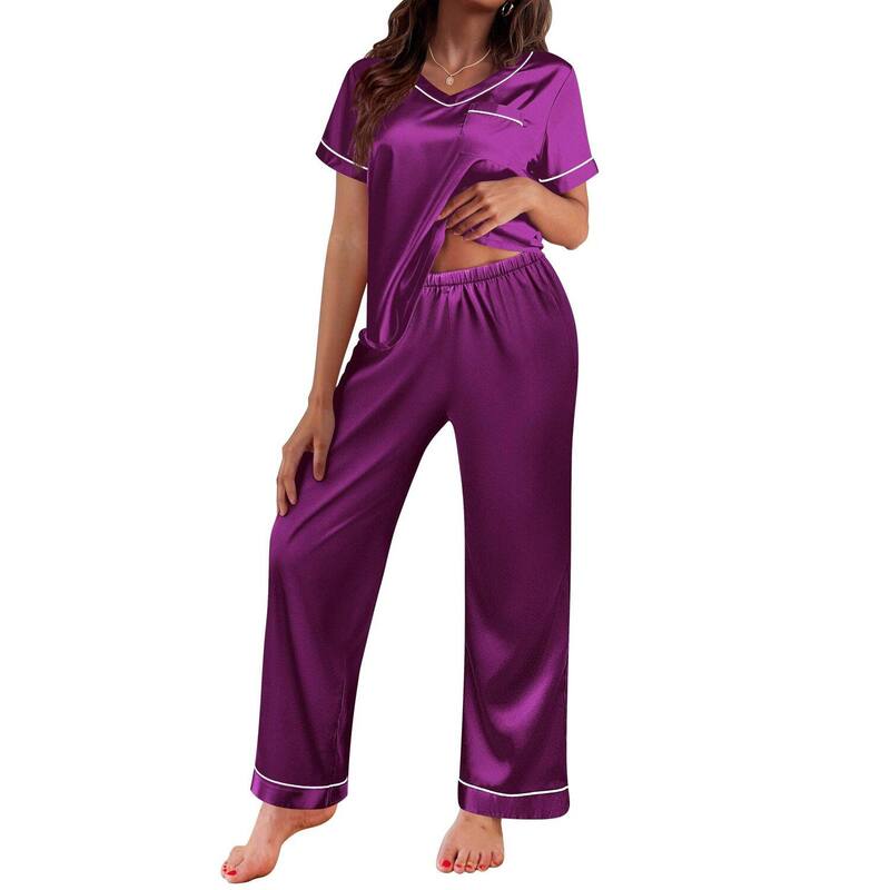 エコアー レディース アンダー御召しもの ナイト爵御召しもの 地絹 Ekouaer Pajamas for Women Short Sleeve Silk Pajama Setsoft Sleepwear Top with Causalong Purple パープル
