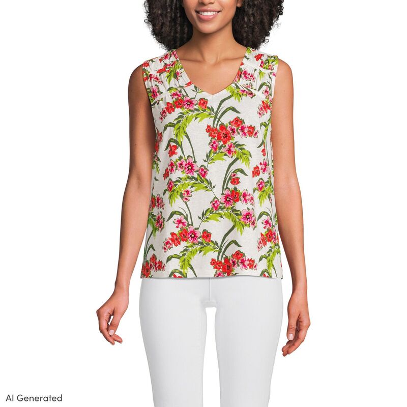 ランズエンド レディース トップス Tシャツ シャーリング リネン Women's Lands' End Linen Blend Smocked Flowy Tank Top in Regular Ivory Pink Floral アイボリー｜ReVida 店