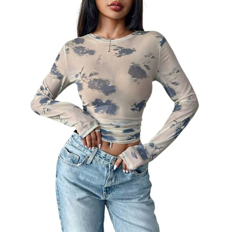 救い主流行り物 レディース トップス プルオーバー 御花柄 ギャザー メッシュ シアー トップ 御花 Yesfashion Women\u0027s Y2K Floral Sheer Mesh Crop Top Long Sleeve Ruched Waist Casual Blouse Beige Blue Flower 青色