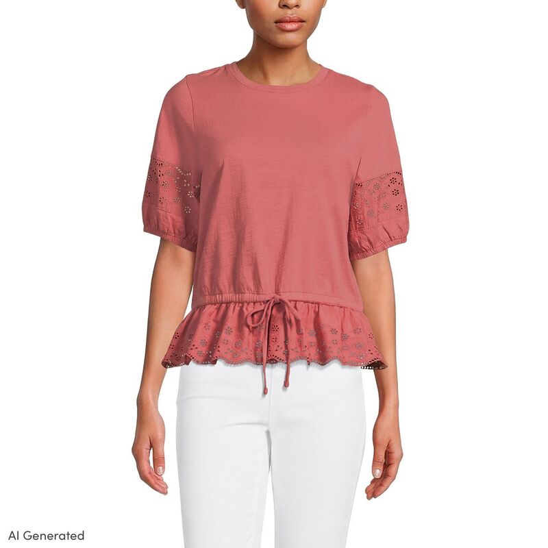 ランズエンド レディース トップス Tシャツ レーストリム レース Women's Lands' End Elbow Sleeve Slub Lace Trim Adjustable Hem Top Soft Mojave Rose｜ReVida 店