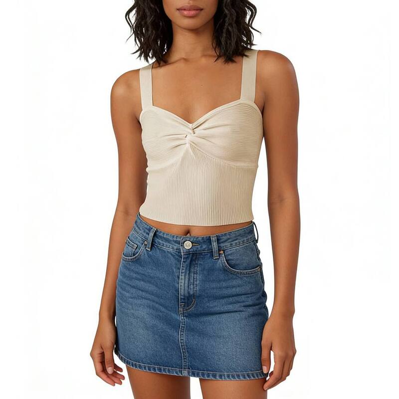 エリート肝ったま レディース トップス プルオーバー 肋材 ノースリーブ 編み物 EliteSpirit Women\u0027s Twist Front Ribbed Crop Tank Top Wide Strap Sweetheart Neck Sleeveless Crop Knitop Beige ベージュ