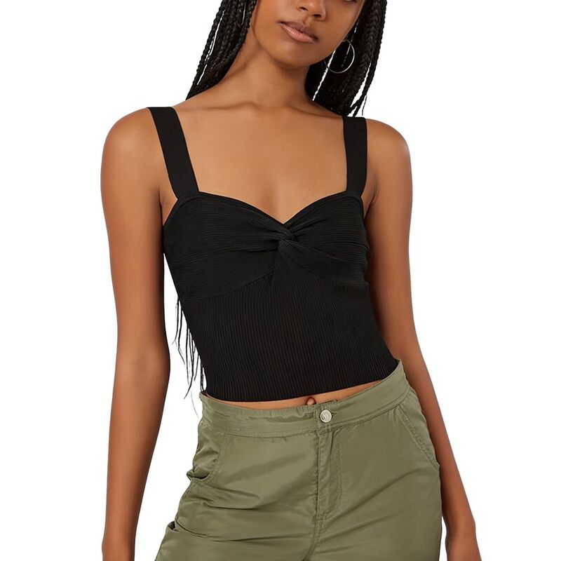 エリート肝ったま レディース トップス プルオーバー 肋材 ノースリーブ 編み物 EliteSpirit Women\u0027s Twist Front Ribbed Crop Tank Top Wide Strap Sweetheart Neck Sleeveless Crop Knitop Black 黒いこと