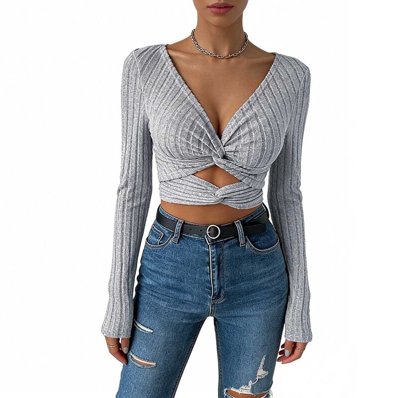 エリート肝ったま レディース トップス プルオーバー Vのど首 カットアウト リブラウス EliteSpirit Women\u0027s Long Sleeve Ribbed Crop Top V Neck Twist Front Cutout Blouse Gray 薄墨色