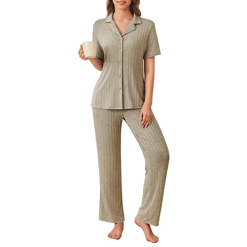エコアー レディース アンダーお召しもの ナイト爵お召しもの リブニット Ekouaer Women\u0027s Pajama set Rib Knit Pajamas Button Up Lounge Sets Beige ベージュ