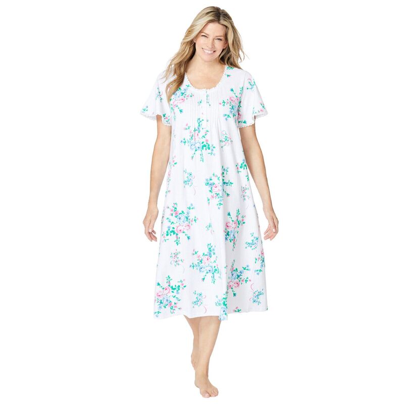 オンリーネセシティーズ レディース アンダーウェア ナイトウェア プラスサイズ ニット Only Necessities Plusize Short Pintucknit Gown White Floral ホワイト｜ReVida 店