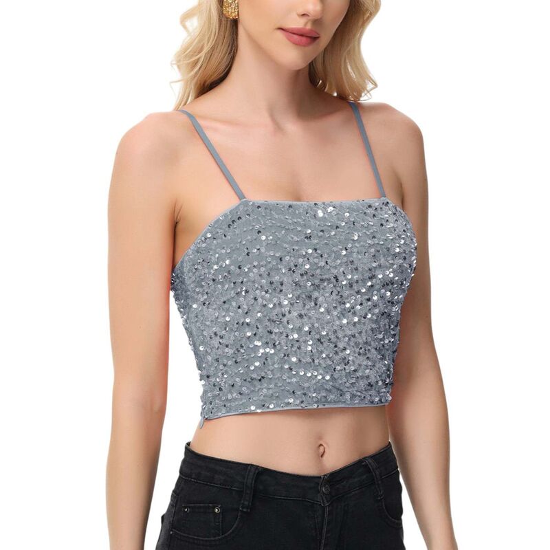アンナカシ レディース トップス Tシャツ スパンコール Anna-Kaci Women'sequin Cami Tops Crop Glitter Spaghetti Strap Tube Top Gray グレー|ReVida 店