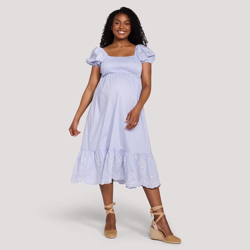 マザーフッド レディース トップス ワンピース ミディ シャーリング マタニティ Maternity Motherhood Smocked Bodice Midi Dress with Puff Sleeves Pastel Blue ブルー|ReVida 店