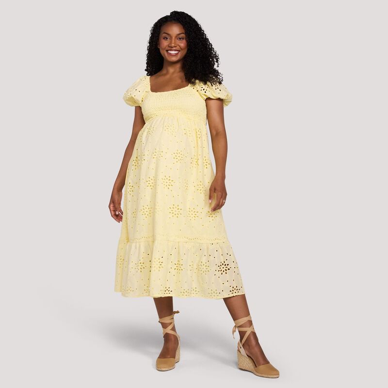 マザーフッド レディース トップス ワンピース ミディ シャーリング マタニティ Maternity Motherhood Smocked Bodice Midi Dress with Puff Sleeves Pastel Yellow イエロー|ReVida 店
