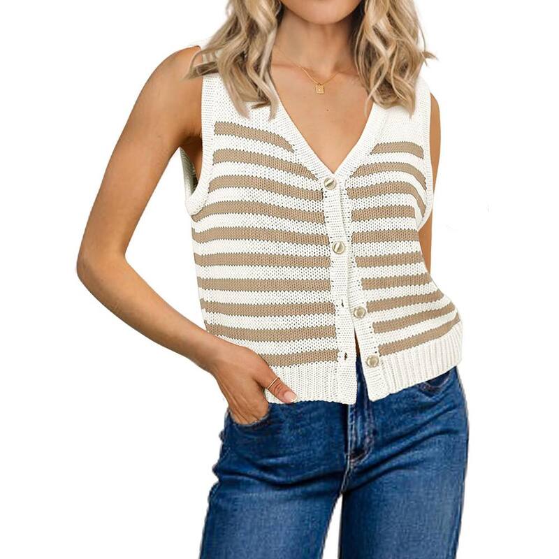 コジョイン レディース アウター ニット・セーター ボタンダウン リブ ベスト シャツ ノースリーブ ダウン Kojooin Womenstriped Sweater Vest Sleeveless Ribbed Tank Tops Color Block Trendy Button Down Shirts Khaki カーキ|ReVida 店