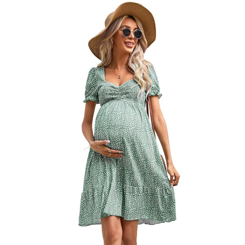 セオリア レディース トップス ワンピース A ライン フリル ミニ マタニティ Seoria Women's Maternity Dresses A Line Sweetheart Neck Ruffle Flowy Mini Boho Dress Green Floral グリーン｜ReVida 店