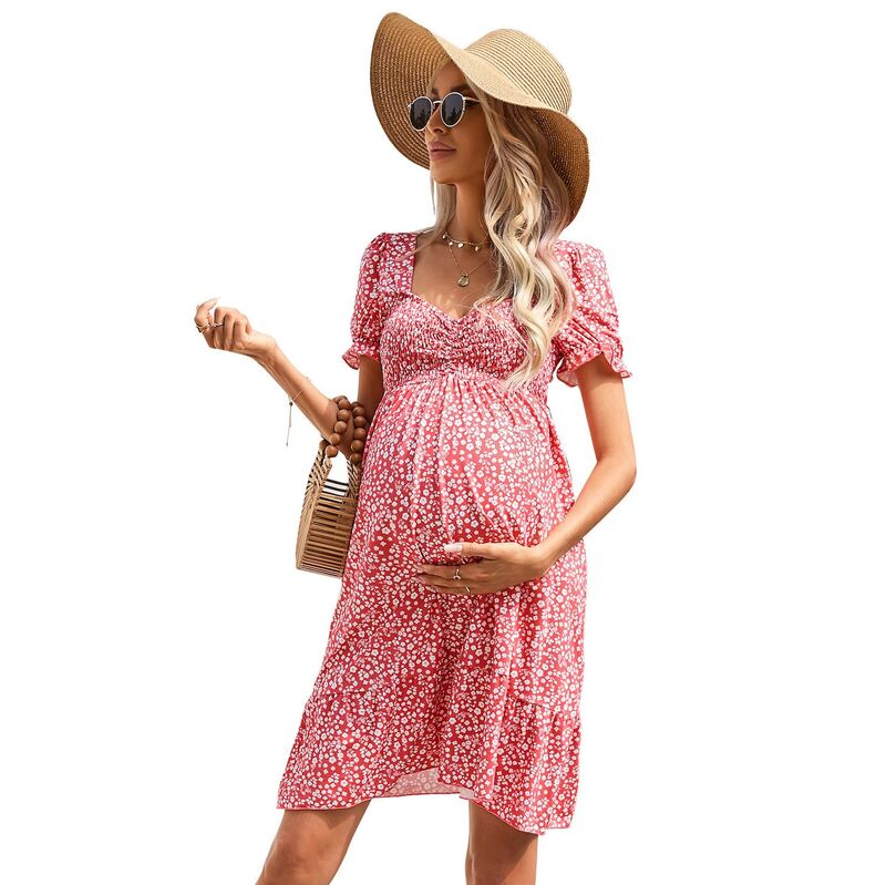 セオリア レディース トップス ワンピース A ライン フリル ミニ マタニティ Seoria Women\'s Maternity Dresses A Line Sweetheart Neck Ruffle Flowy Mini Boho Dress Pink Floral ピンク｜ReVida 店