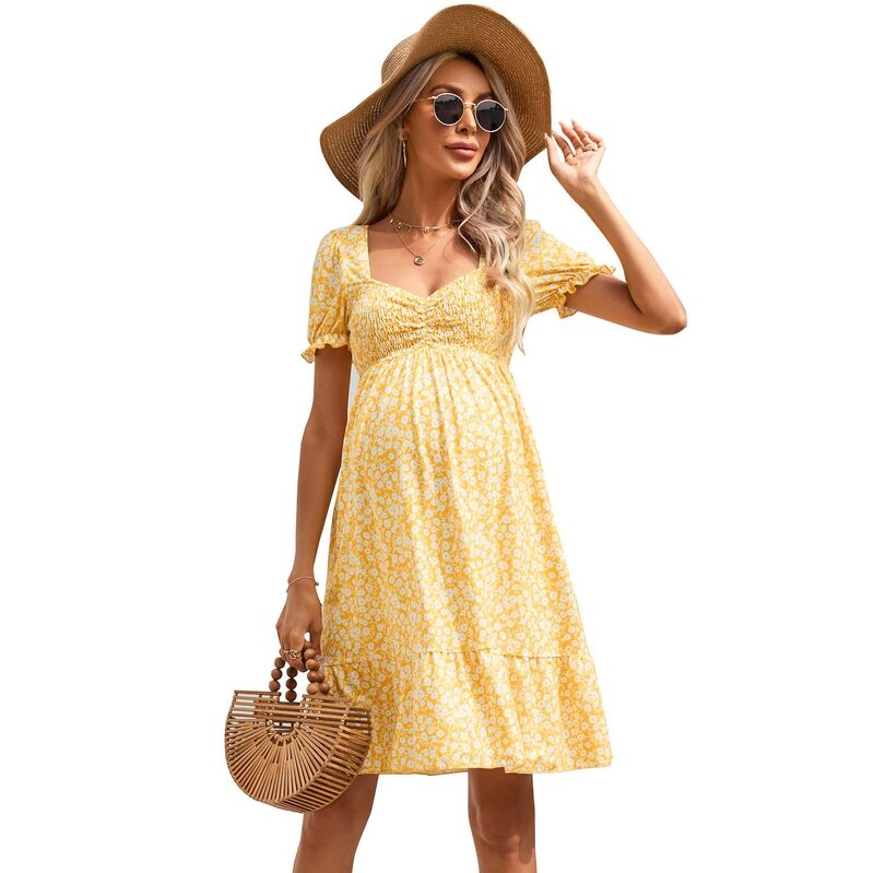 セオリア レディース トップス ワンピース A ライン フリル ミニ マタニティ Seoria Women\'s Maternity Dresses A Line Sweetheart Neck Ruffle Flowy Mini Boho Dress Yellow Floral イエロー｜ReVida 店