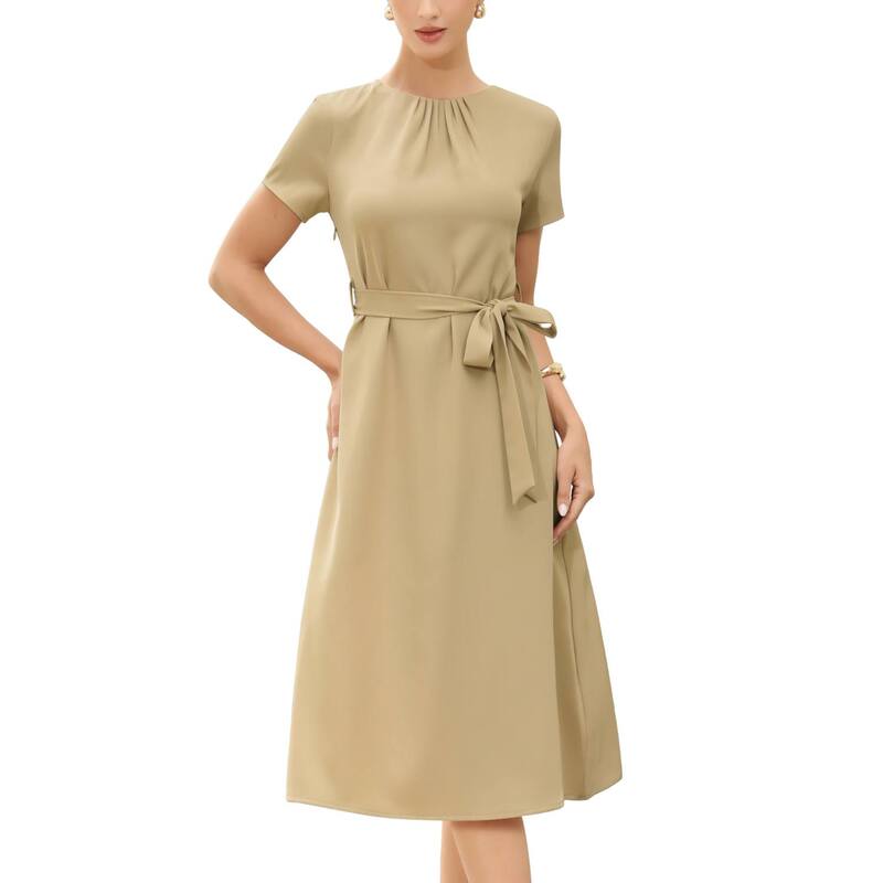 インスパイア シック レディース トップス ワンピース クルーネック A ライン INSPIRE CHIC Summer Dress for Women Work Casual Short Sleeve Crewneck A Line Flowy Dresses with Belt Khaki カーキ|ReVida 店