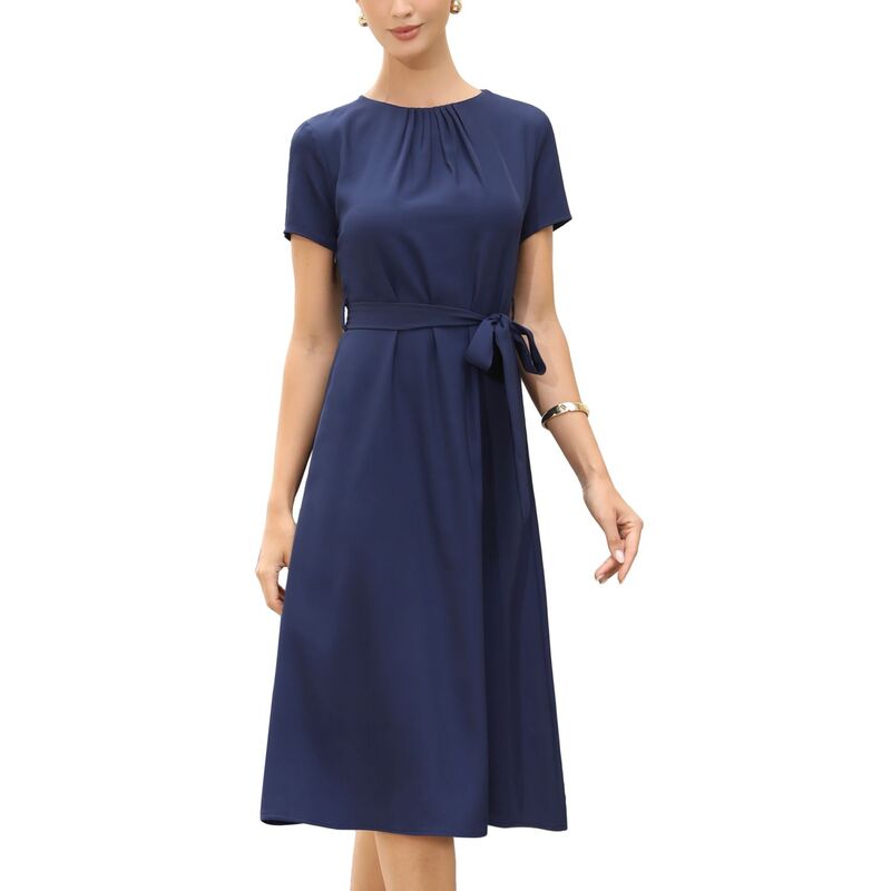 インスパイア シック レディース トップス ワンピース クルーネック A ライン INSPIRE CHIC Summer Dress for Women Work Casual Short Sleeve Crewneck A Line Flowy Dresses with Belt Navy Blue ネイビー｜ReVida 店