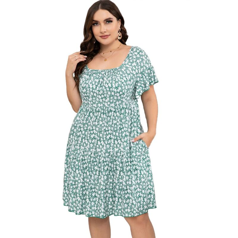 セオリア レディース トップス ワンピース プラスサイズ フリル Seoria Plusize Dress Women Square Neck Ruffle Sleeve Summer Dress Plusize Dress Clothingreen Flower グリーン｜ReVida 店