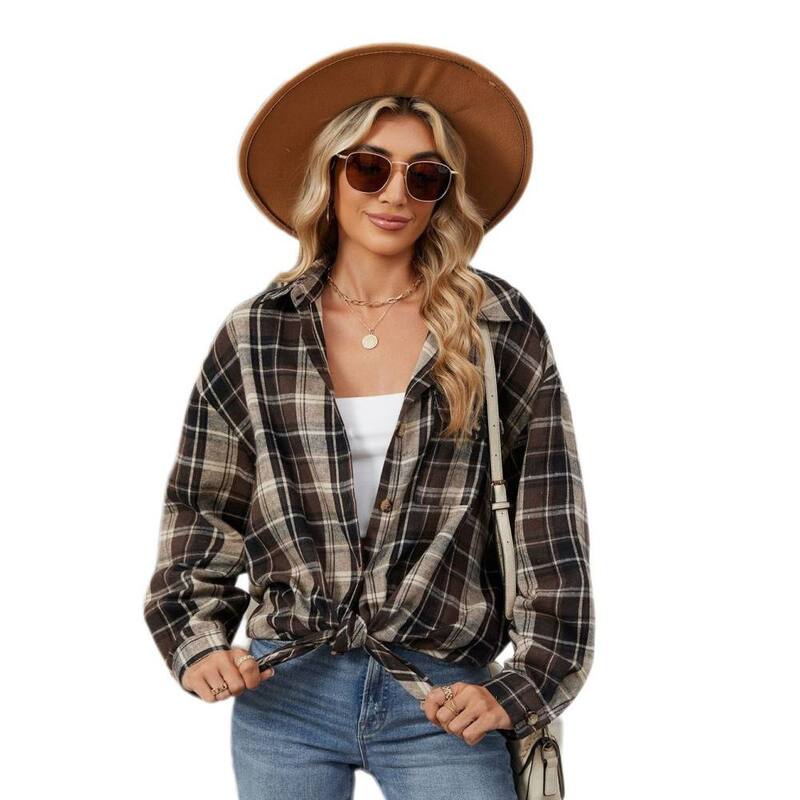 イエスファッション レディース トップス シャツ ボタンダウン Yesfashion Women's Button Down Flannel Shirts Oversize Plaid Shacket Long Sleeve Collared Business Casual Tops Dark Brown Plaid ブラウン｜ReVida 店