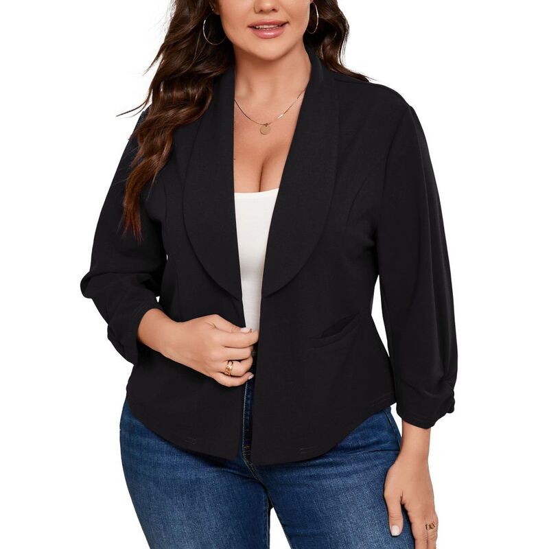イエスファッション レディース アウター ジャケット・ブルゾン プラスサイズ カーディガン クロップド ブレザー Yesfashion Women's Plus Cropped Blazers 3/4 Sleeve Open Front Lightweight Cardigan Casual Work Office Jackets Black ブラック｜ReVida 店
