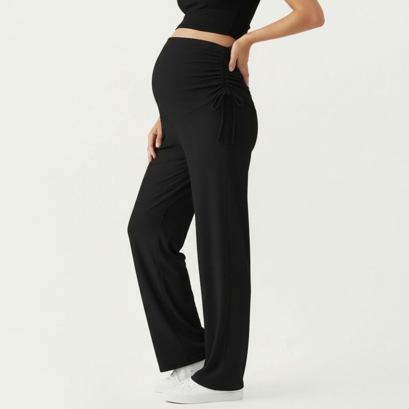 アンナカシ レディース ボトムス カジュアルパンツ ギャザー ニット マタニティ Anna-Kaci Women's Maternity Wide-Leg Pants - Lightweight Breathable Stretch Knit with Adjustable Ruched Waist Black ブラック|ReVida 店