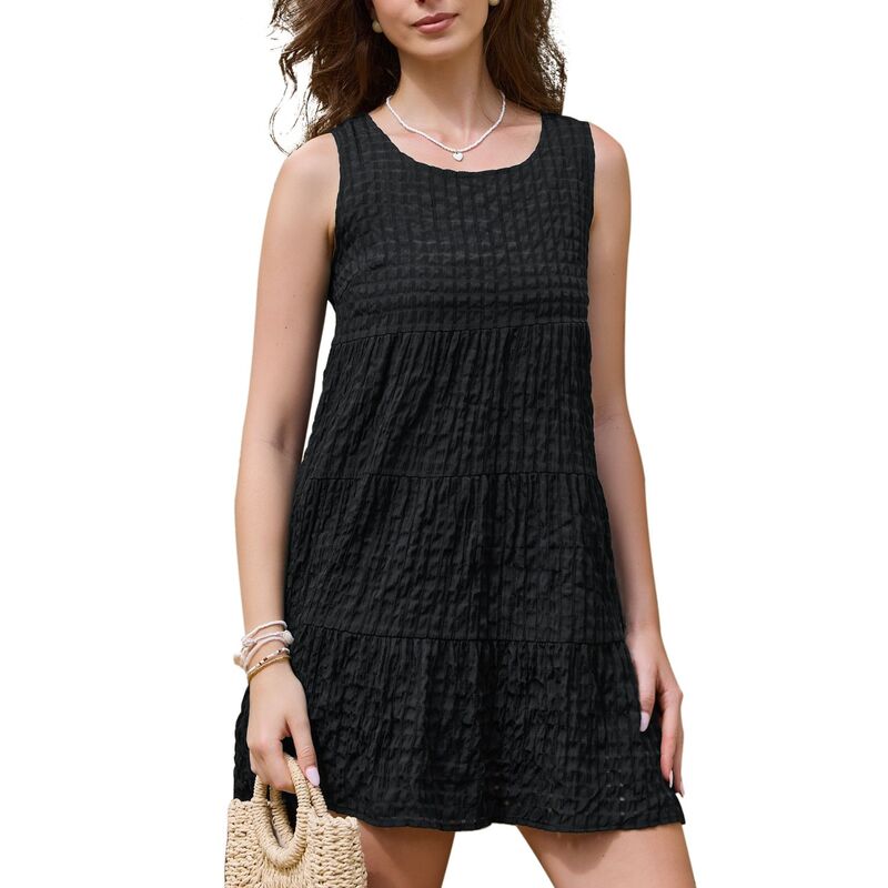 インスパイア シック レディース トップス ワンピース ティアード ギンガムチェック ノースリーブ ギンガム INSPIRE CHIC Gingham Dress for Women Sundressleeveless Plaid Flowy Swing Tiered Short Dresses Black ブラック|ReVida 店